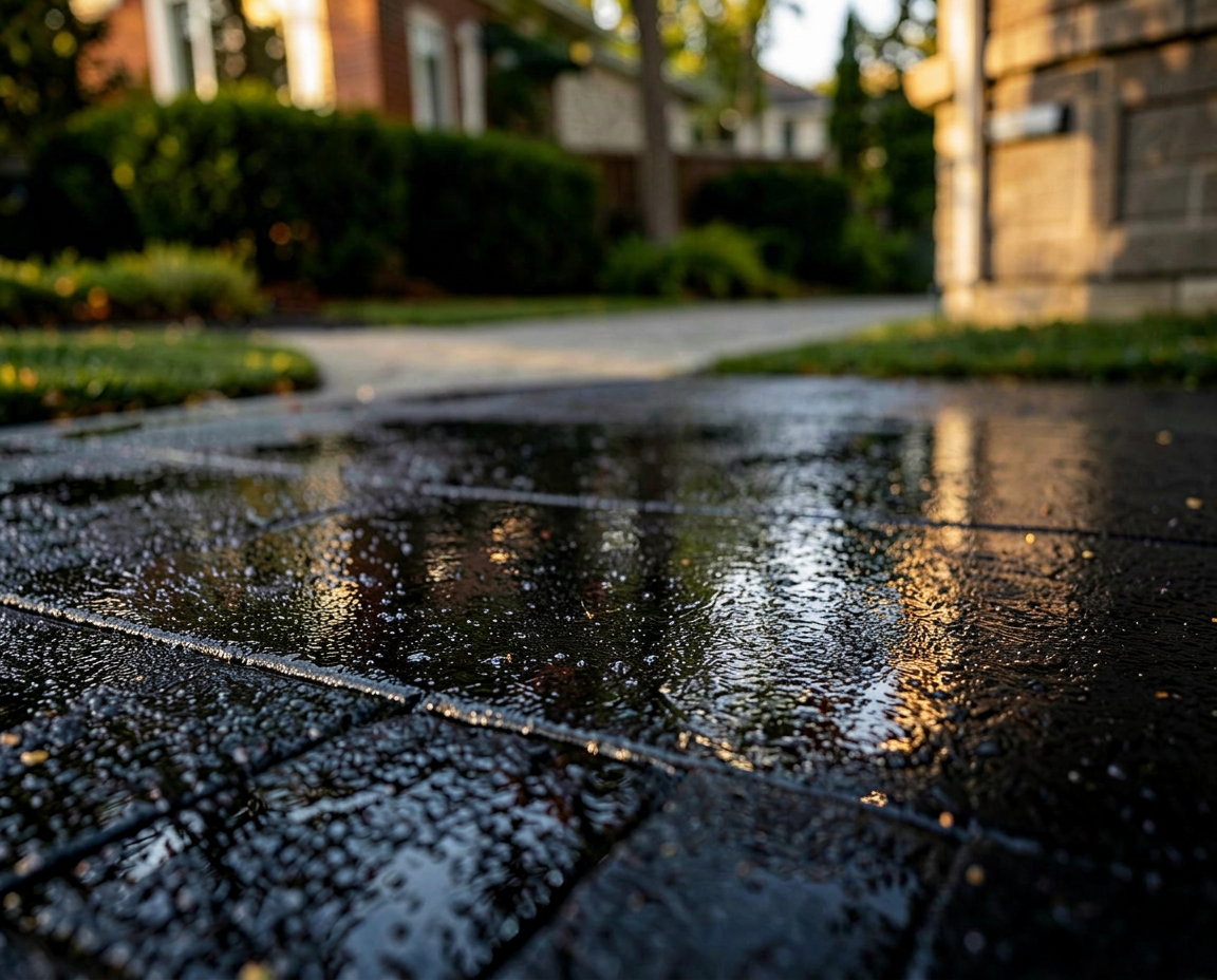 Freshly sealcoated driveway gleaming in morning light